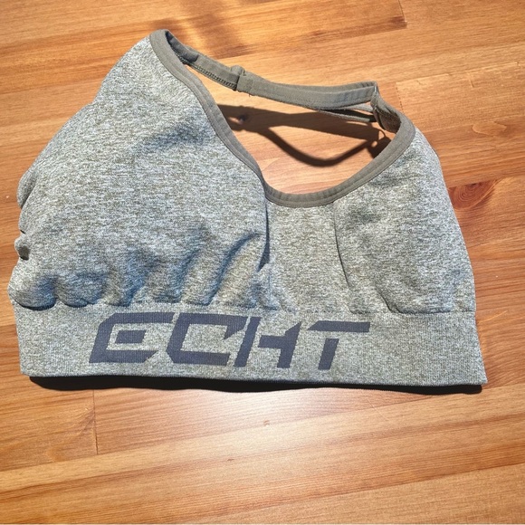 ECHT Women's Medium Arise Scrunch Sports Bra Green Grey Logo Band Strappy Padded - Picture 9 of 15